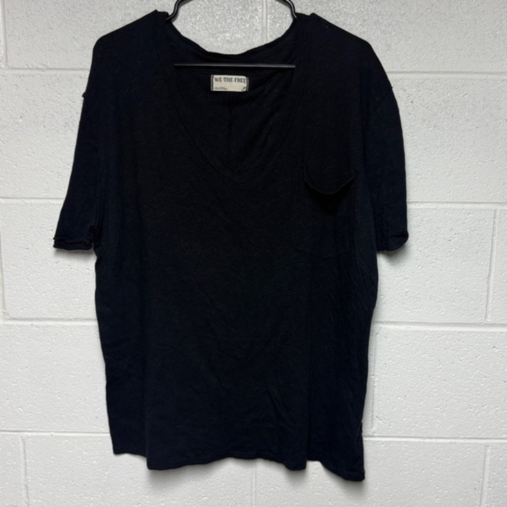 Free People We The‎ Free Black Short Sleeve V-Neck Oversized Pocket Top Small